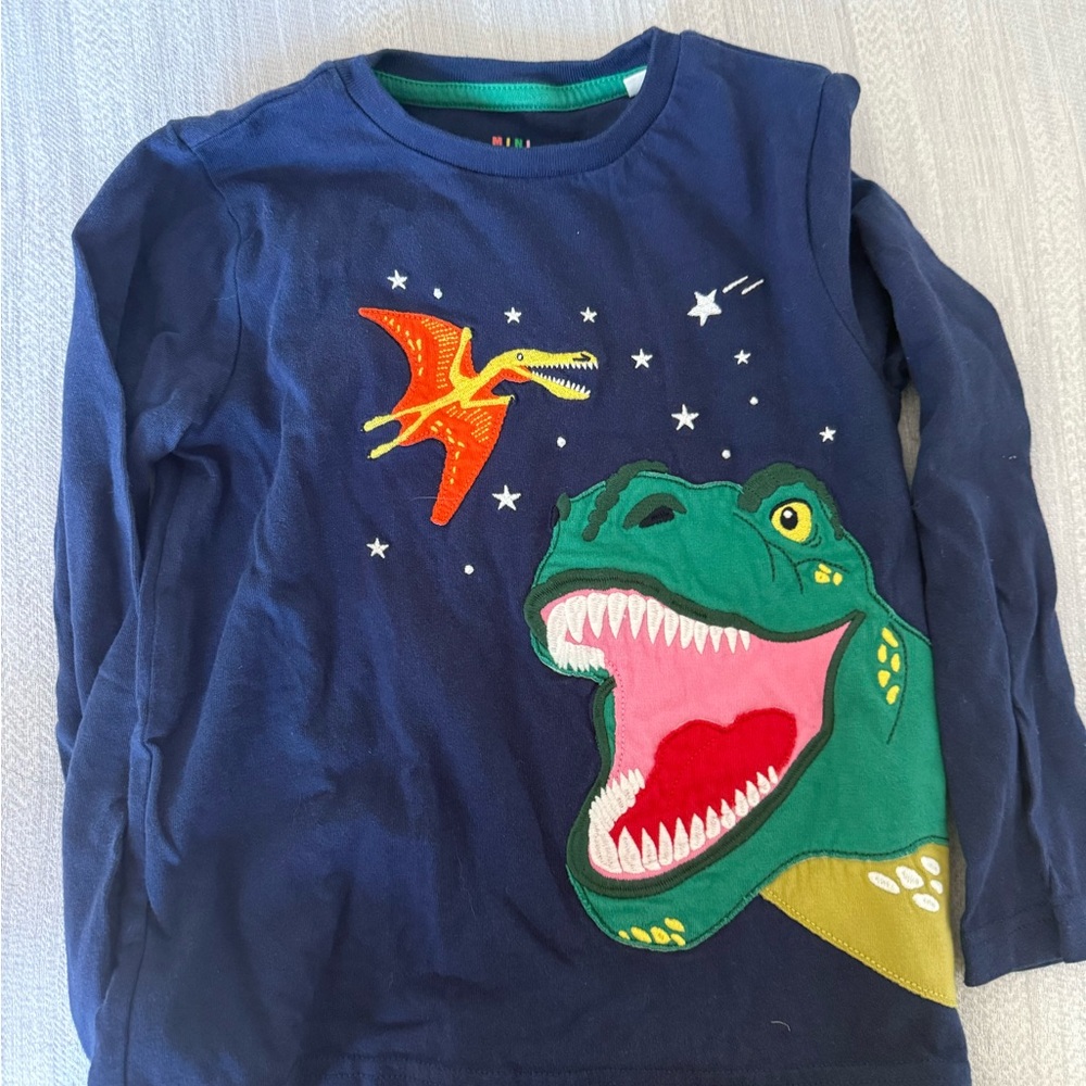 Mini Boden Navy Long-Sleeve Tee with Green Dino and Orange Pterosaur